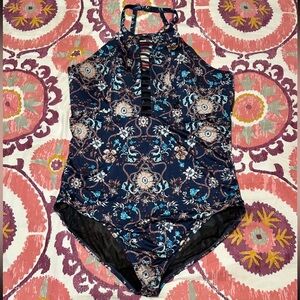 Navy Floral Halter One-Piece Swimsuit